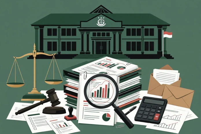 Ilustrasi penanganan kasus dugaan korupsi: gedung kejaksaan, timbangan keadilan, dan dokumen audit yang diperiksa